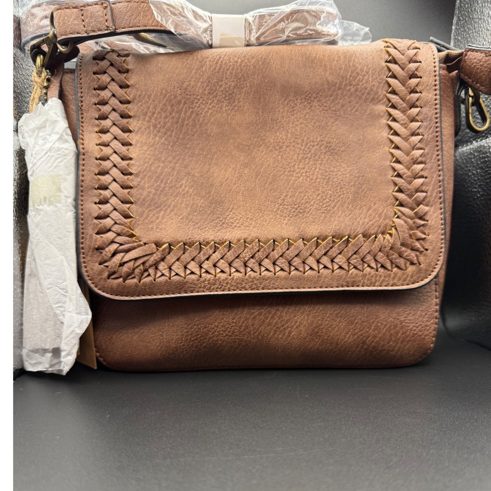 Ampere Creations Vegan Leather Crossbody Bag Brown Braided Flap Adjustable Strap